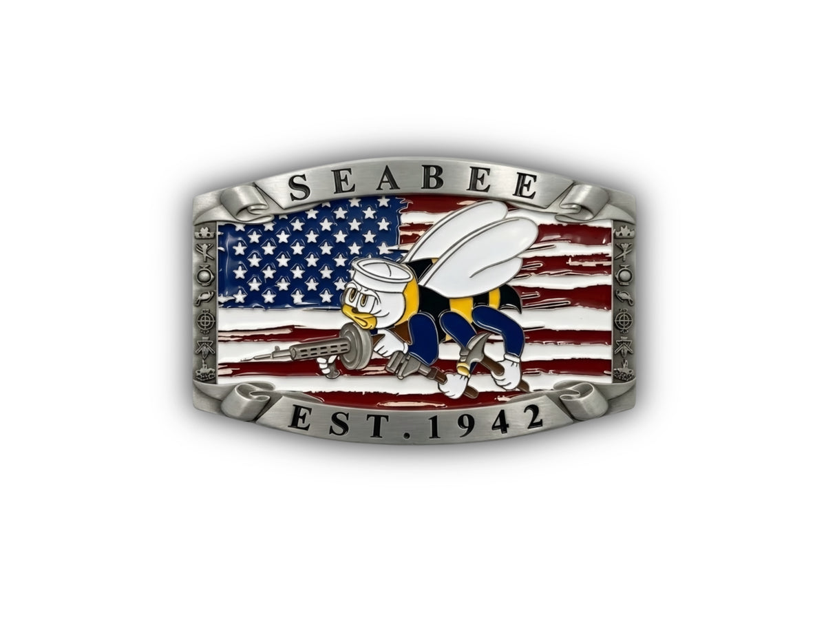 Navy Seabee Belt Buckle in antique silver with Seabee rating insignia