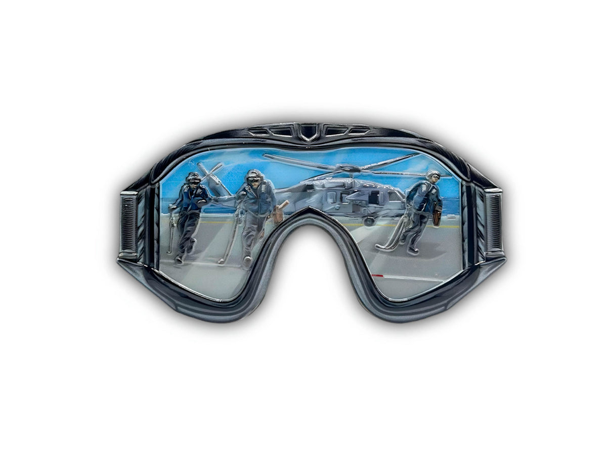 Aviation Boatswains Mate Goggle Coin Blue front view with goggle shape and enamel color