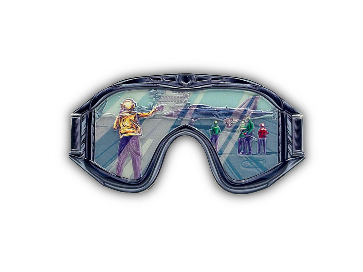 Aviation Boatswains Mate Goggle Coin Yellow front view with goggle shape and enamel color