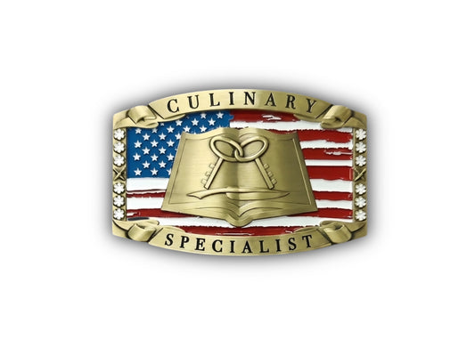 Navy Culinary Specialist Belt Buckle in antique gold with CS rating insignia
