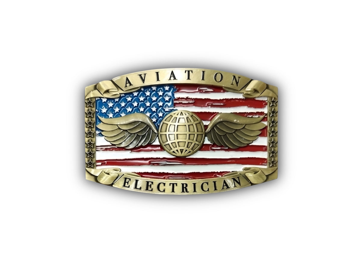 Aviation Electricians Mate Belt Buckle in antique gold with AE rating insignia