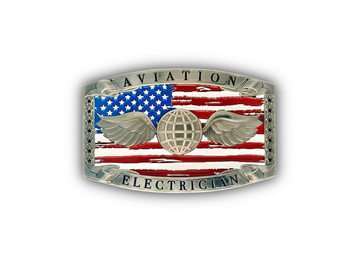 Aviation Electricians Mate Belt Buckle in silver finish with raised AE insignia