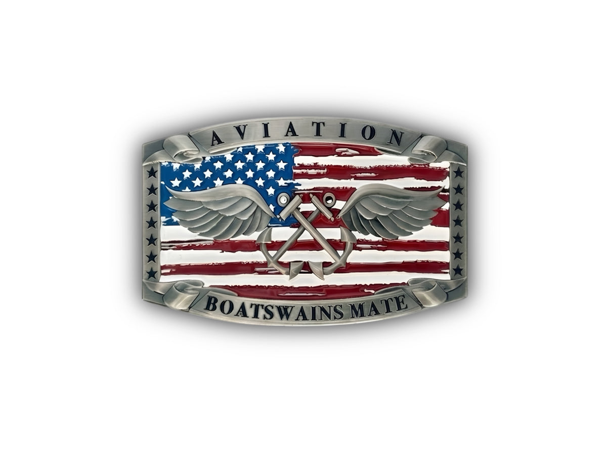 Aviation Boatswains Mate Belt Buckle in nickel silver with red and black flag