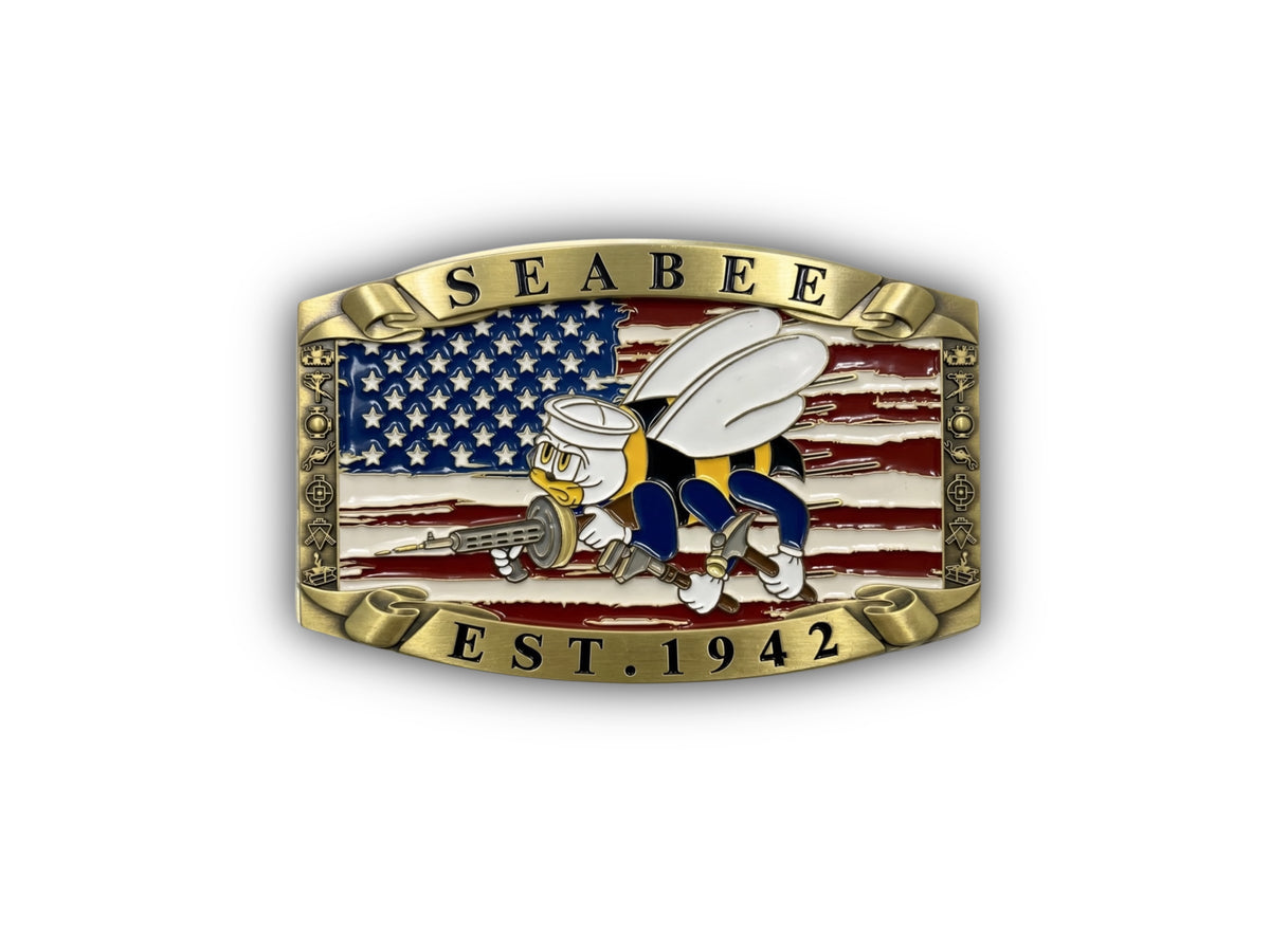 Navy Seabee Belt Buckle in antique gold with Seabee rating insignia