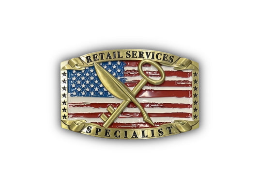 Navy Retail Services Specialist Belt Buckle in antique gold with RS rating insignia