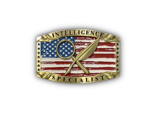 Navy Intelligence Specialist Belt Buckle in antique gold with IS rating insignia