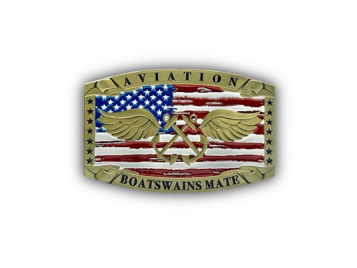 Aviation Boatswains Mate Belt Buckle in antique gold with crossed anchors and wings