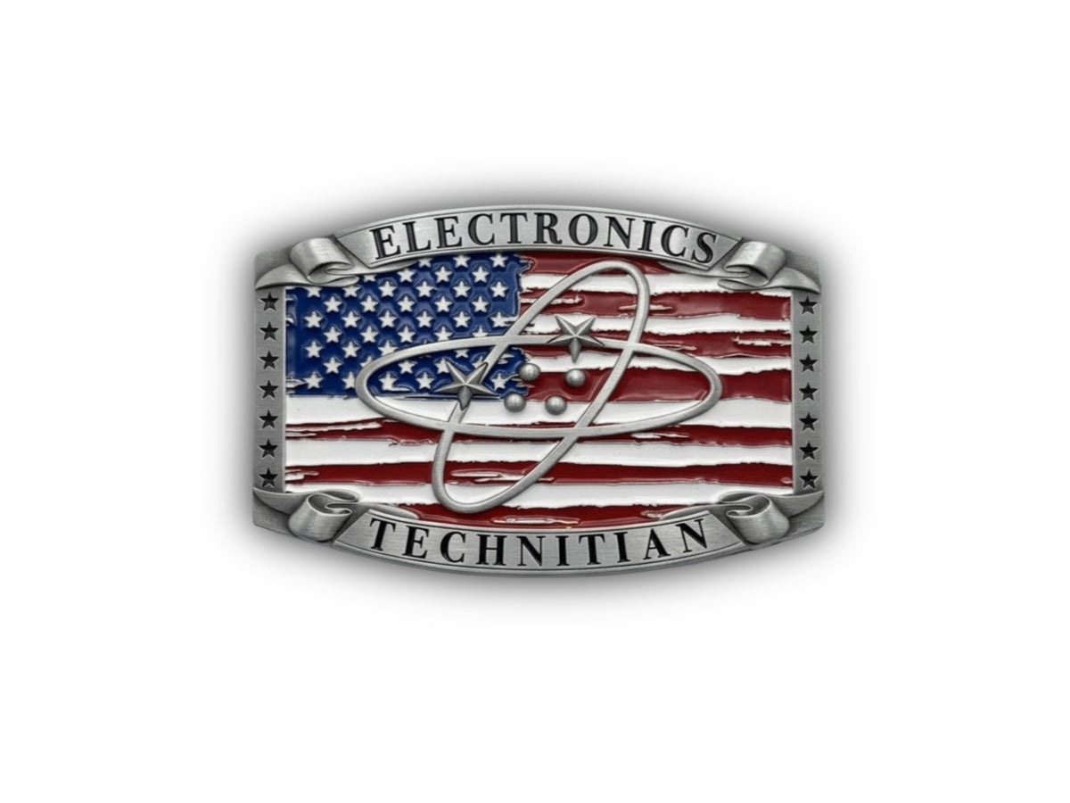Navy Electronics Technician Mate Belt Buckle in antique silver with ET rating insignia