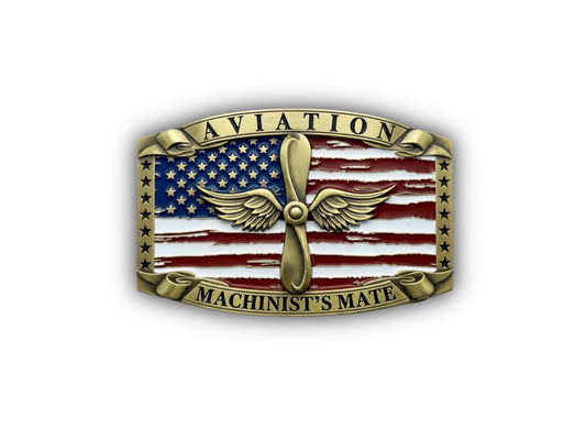 Navy Aviation Machinist’s Mate Belt Buckle in antique gold with AD rating insignia