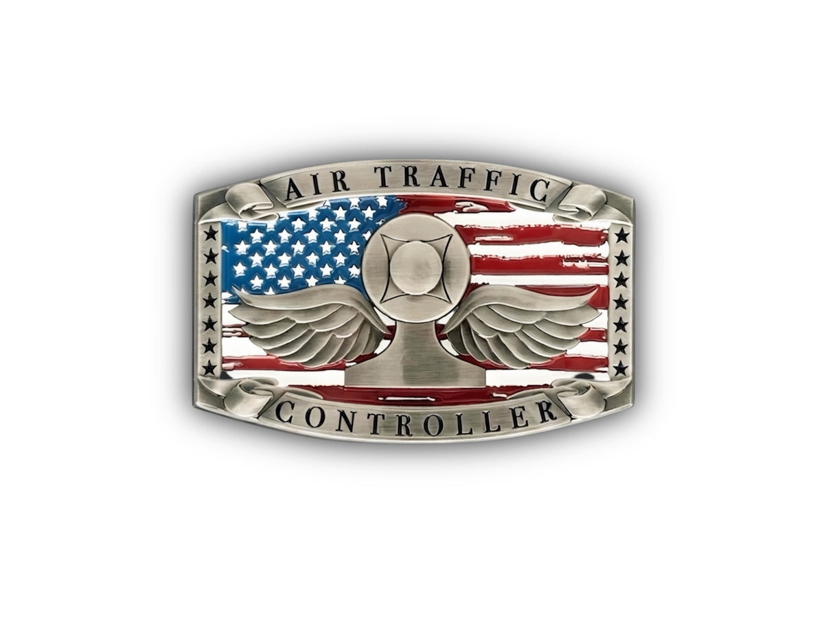 An Air Traffic Controller belt buckle featuring a silver-toned metal design with a central Maltese cross, wings, and an American flag background with the words 'AIR TRAFFIC' at the top and 'CONTROLLER' at the bottom.