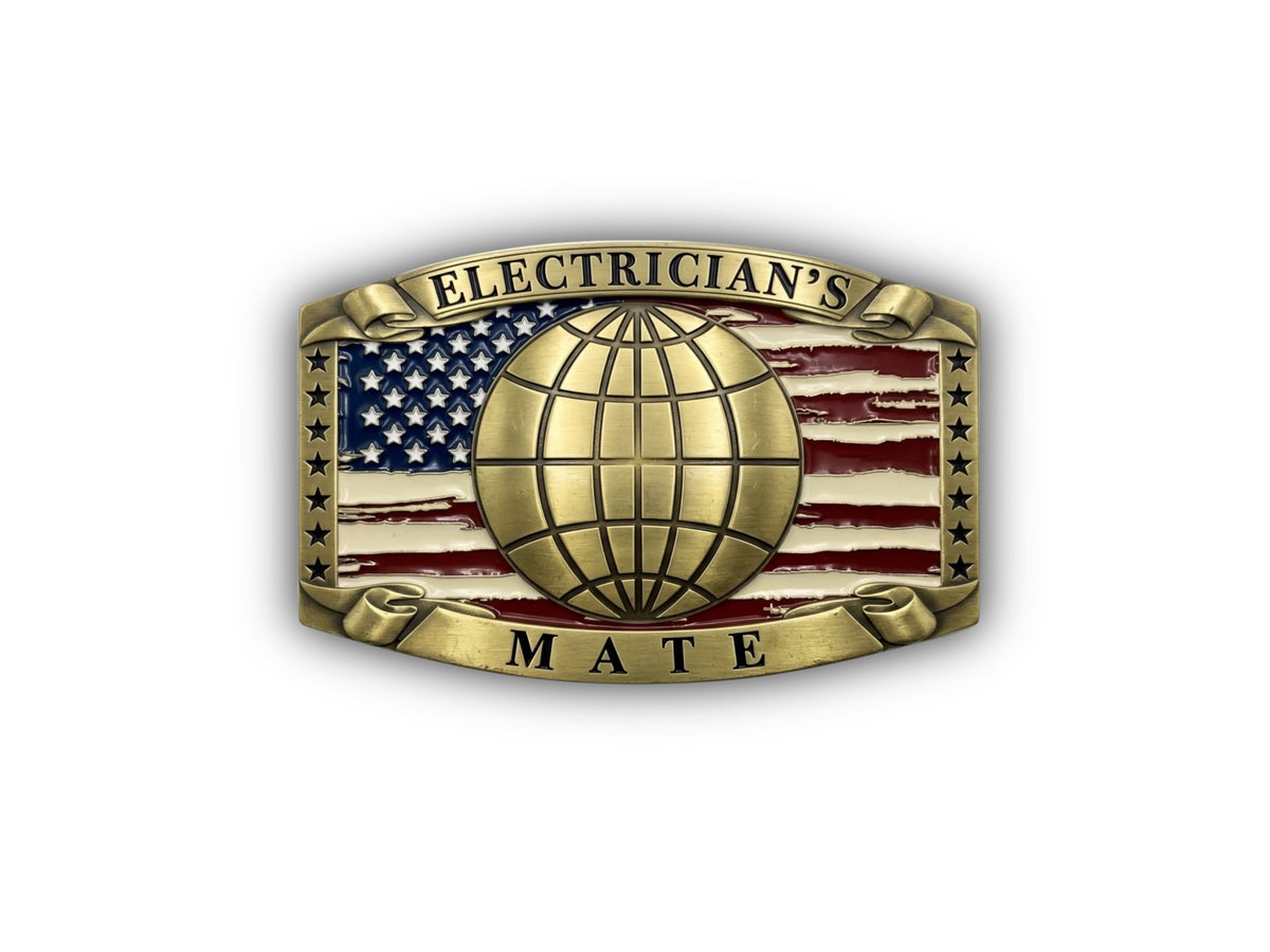 Navy Electrician’s Mate Belt Buckle in antique gold with EM rating insignia