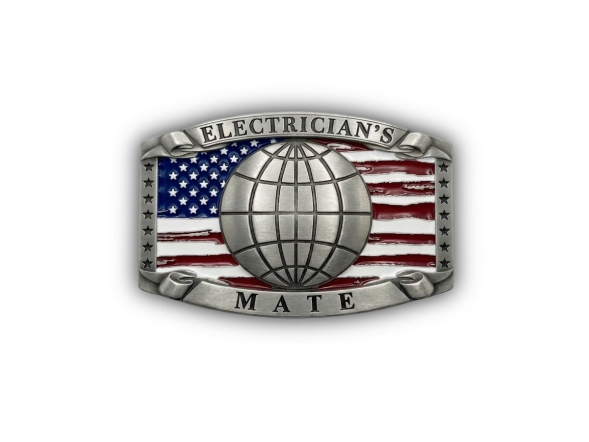 Navy Electrician’s Mate Belt Buckle in antique silver with EM rating insignia