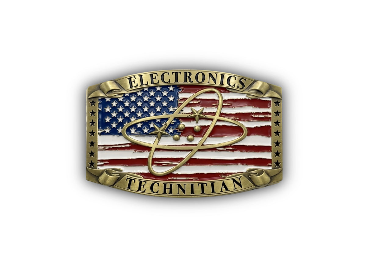 Navy Electronics Technician Mate Belt Buckle in antique gold with ET rating insignia