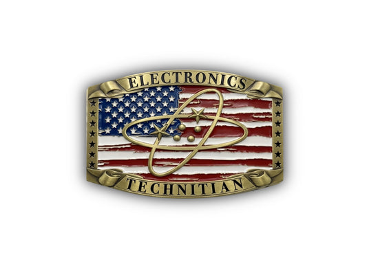 Navy Electronics Technician Mate Belt Buckle in antique gold with ET rating insignia