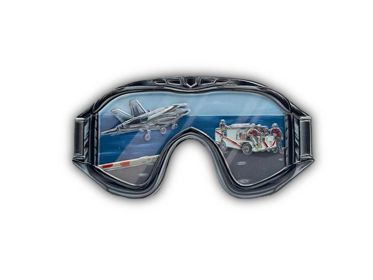 Aviation Boatswains Mate Goggle Coin Red front view with goggle shape and enamel color