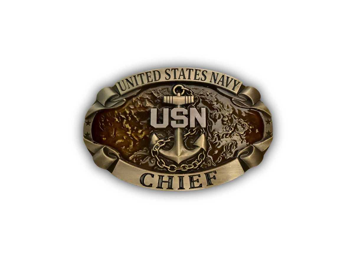 Navy Chief Mate Belt Buckle in antique gold with CPO Anchor