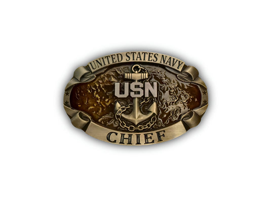 Navy Chief Mate Belt Buckle in antique gold with CPO Anchor