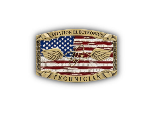 Aviation Electronics Technician Belt Buckle in antique gold with AT rating insignia
