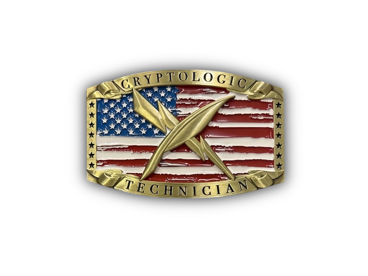 Navy Cryptologic Technician Belt Buckle in antique gold with CT rating insignia