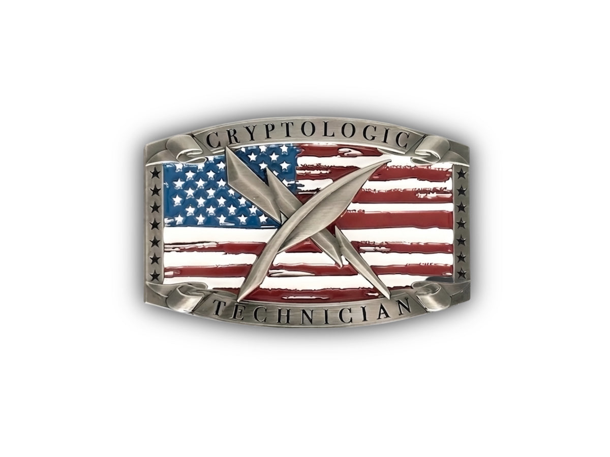 Navy Cryptologic Technician Belt Buckle in silver finish with raised CT insignia
