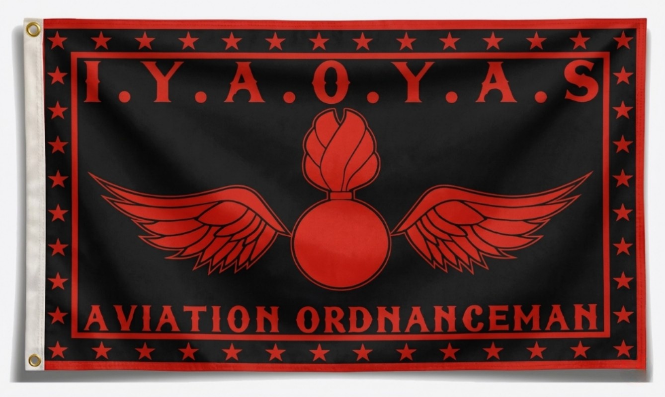IYAOYAS Aviation Ordnanceman 3x5 flag with red Winged Bomb insignia on black background