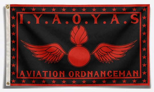 IYAOYAS Aviation Ordnanceman 3x5 flag with red Winged Bomb insignia on black background