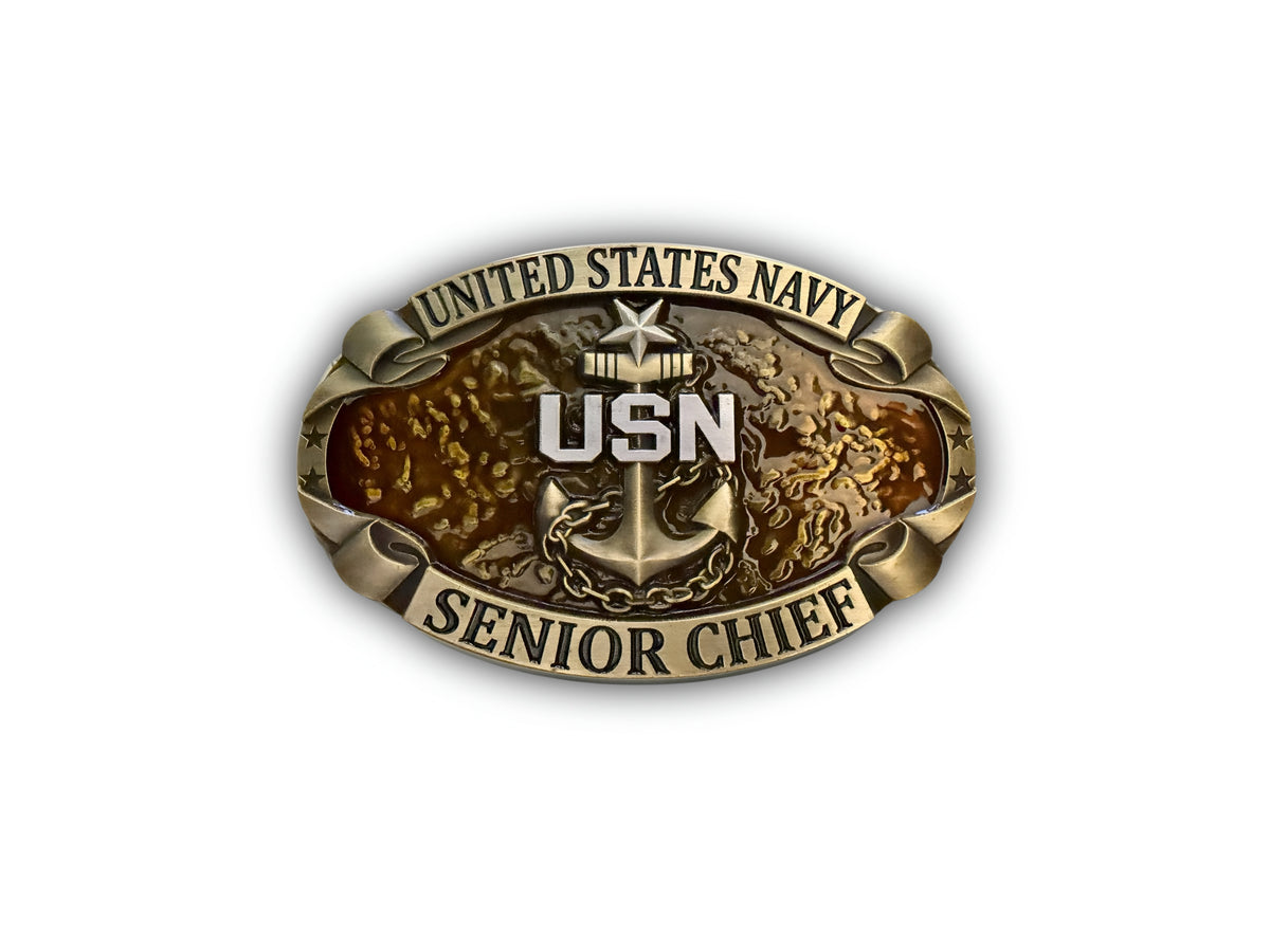 Navy Senior Chief Mate Belt Buckle in antique gold with SCPO Anchor