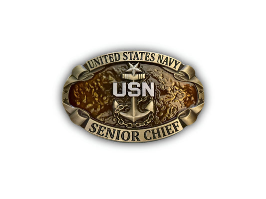 Navy Senior Chief Mate Belt Buckle in antique gold with SCPO Anchor
