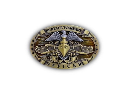 Surface Warfare Officer Belt Buckle with SWO pin design in antique finish
